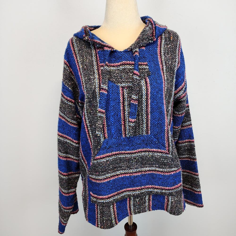 Adult Striped Baja Hooded Campfire Poncho Size L Blue Gray Pullover Beach Hippie